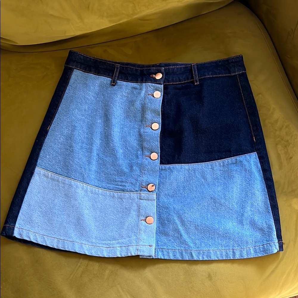 H&M Patchwork Denim A-line Mini Skirt with Button Up Front